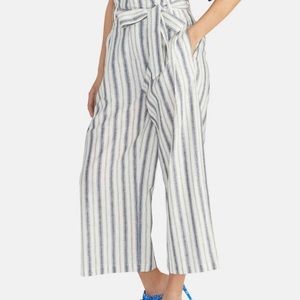 Fever Women’s High Waist Paper Bag Cropped Linen Blend Stripe Pants Size M